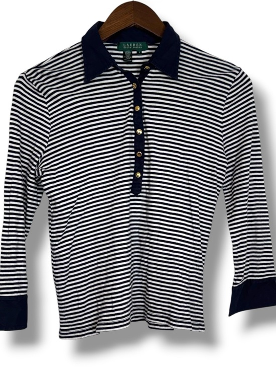 Lauren Ralph Lauren Tops - Lauren Ralph Lauren White Navy Blue Breton Striped Polo Shirt Stretch Small